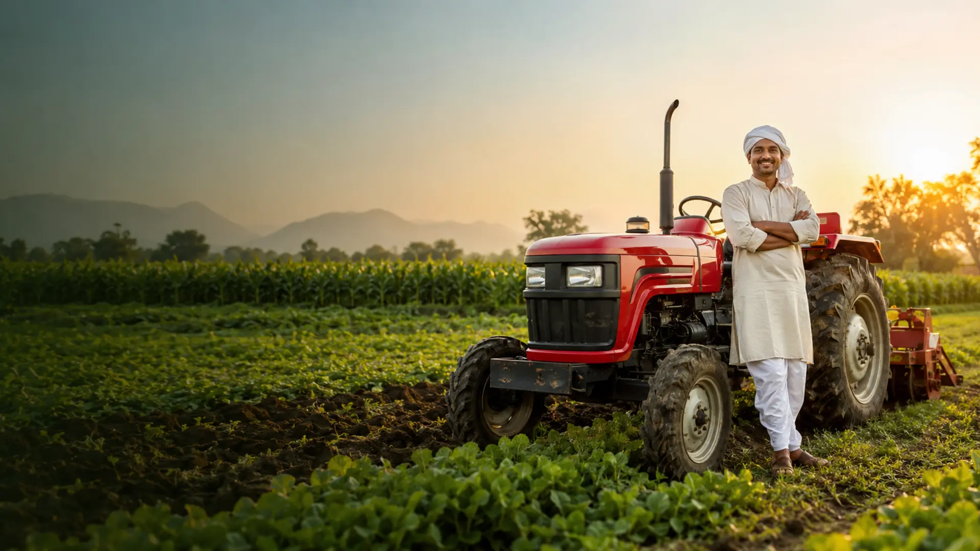 Indian farmer with tractor in a green field